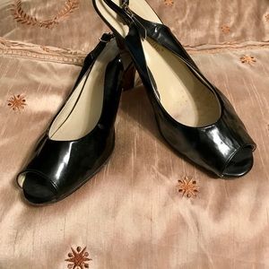 Black Patent Leather peep toe pumps